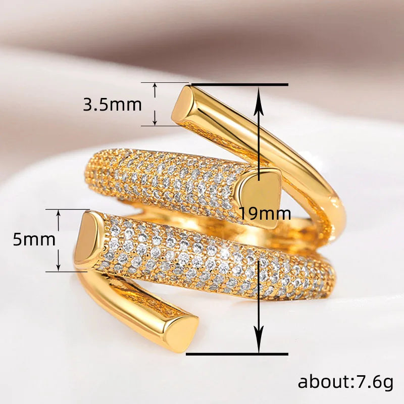 Hyperbole Shape Geometric Gold Color Girl Ring Luxury Paved Sparkling CZ Daily Wear Party Fashion Versatile Women Jewelry