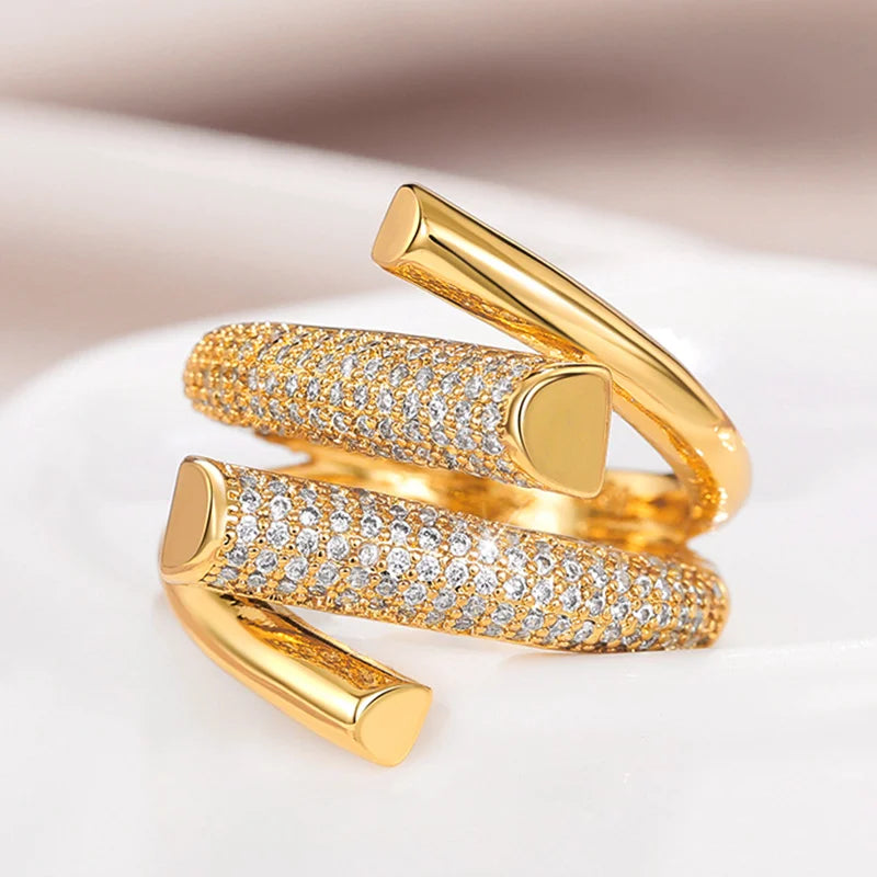 Hyperbole Shape Geometric Gold Color Girl Ring Luxury Paved Sparkling CZ Daily Wear Party Fashion Versatile Women Jewelry