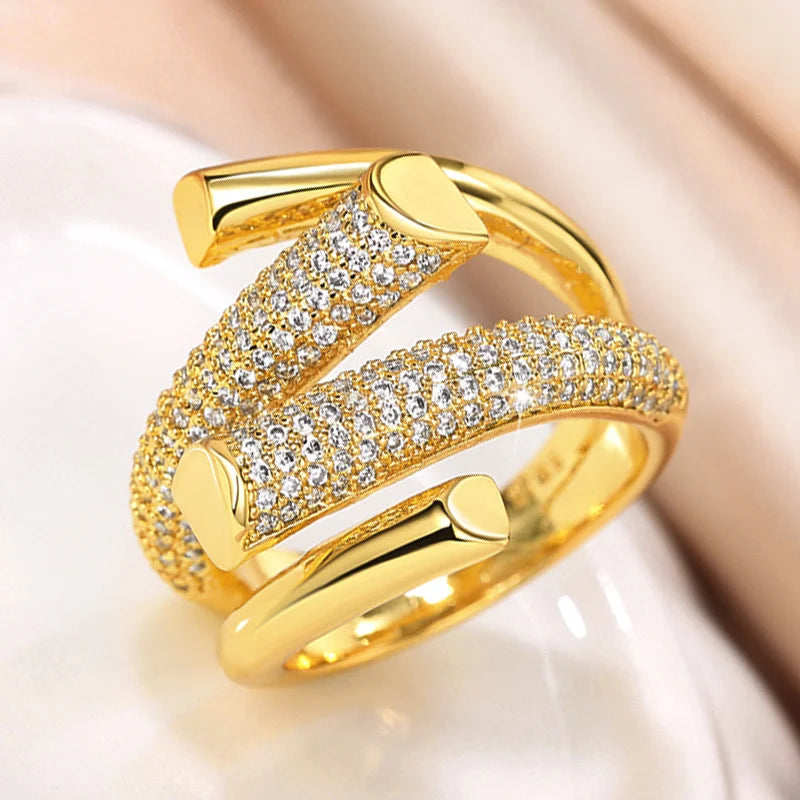 Hyperbole Shape Geometric Gold Color Girl Ring Luxury Paved Sparkling CZ Daily Wear Party Fashion Versatile Women Jewelry