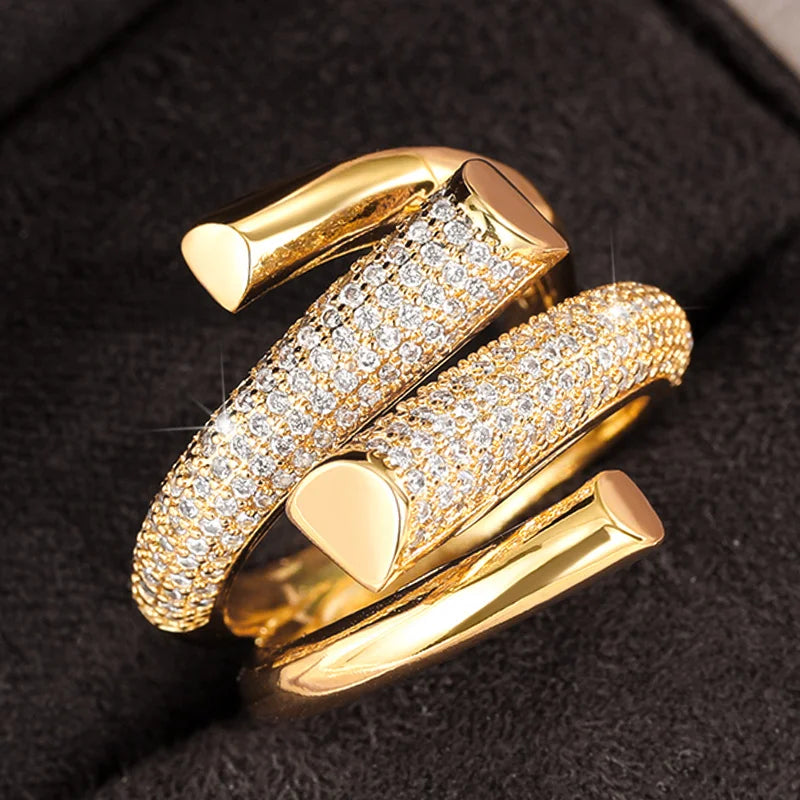 Hyperbole Shape Geometric Gold Color Girl Ring Luxury Paved Sparkling CZ Daily Wear Party Fashion Versatile Women Jewelry