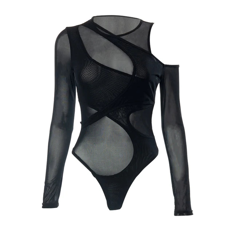 Autumn New Fashion Cut Cross Mesh Jumpsuit Long-Sleeved Thin round Neck Diagonal Black Charming Bodysuit Clubwear