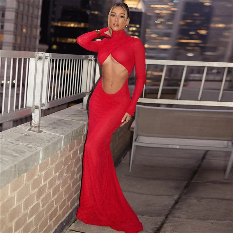 Elegant Red Cut Out Maxi Dress for Women Party Club Outfits Long Sleeve Ruched Sexy Backless Gown Birthday Dresses