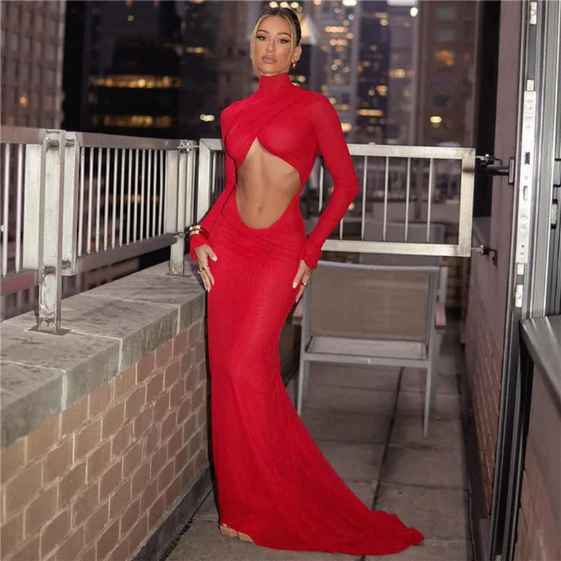 Elegant Red Cut Out Maxi Dress for Women Party Club Outfits Long Sleeve Ruched Sexy Backless Gown Birthday Dresses